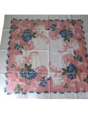 Vintage 1950s Pink White Tablecloth Blue Rose Floral Border Pattern 51"x 47" Cot